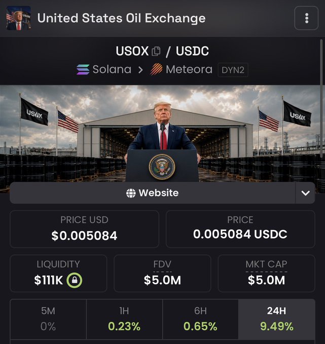 A cryptocurrency trading page for 'United States Oil Exchange' (USOX/USDC on Solana/Meteora), priced at $0.005084, with a market cap of $5.0M and a banner image of Donald Trump at a podium.