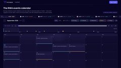 The image displays a blank monthly calendar grid for July with a purple sidebar labeled "FPS events calendar," showing no visible events, while the post promotes the XRPL Events Calendar as a tool for tracking real-world asset tokenization developments involving BlackRock, JPMorgan, and the U.S. Treasury.