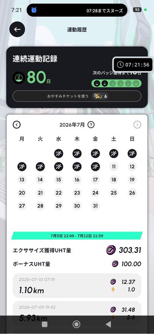 Mobile app screenshot in Japanese showing a continuous exercise streak of 80 days, with a calendar view for July 2026 and a list of activities logging UHT token rewards and kilometers walked.