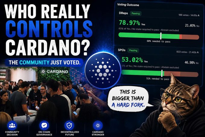 A YouTube thumbnail asking 'WHO REALLY CONTROLS CARDANO? THE COMMUNITY JUST VOTED' showing voting results with DReps at 78.97% Yes (Passing) and SPOs at 53.02% Yes (Passing), featuring a cat declaring 'THIS IS BIGGER THAN A HARD FORK.'