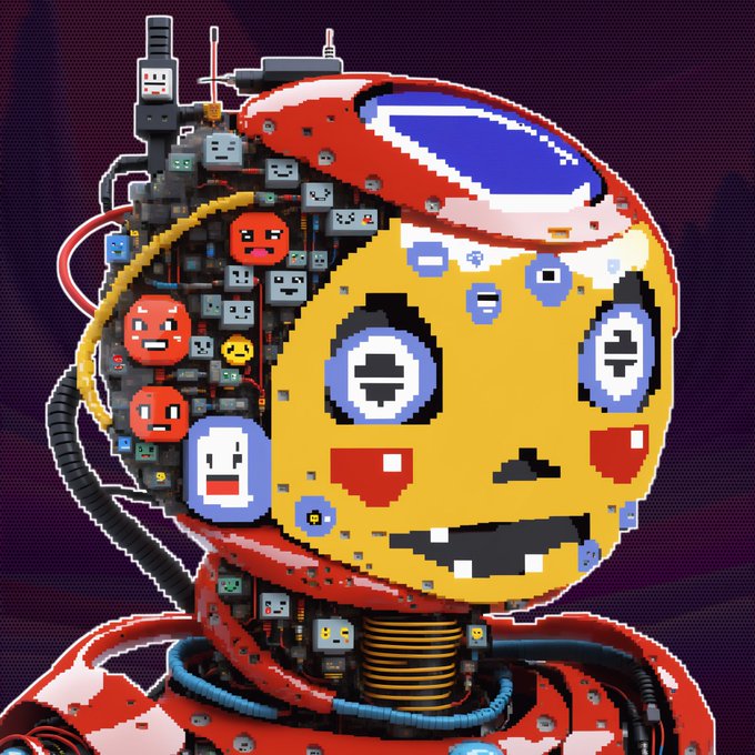 A vibrant pixel-art style illustration features a yellow, round-headed robot character with a cheerful expression, rosy cheeks, and a wide toothy grin, wearing a red and white helmet that exposes a complex mechanical interior filled with smaller expressive faces, wires, gears, and antennas. The post suggests upcoming mint details for an NFT project, with notification bells turned on, playfully matching the quirky, emoticon-rich vibe of the artwork.