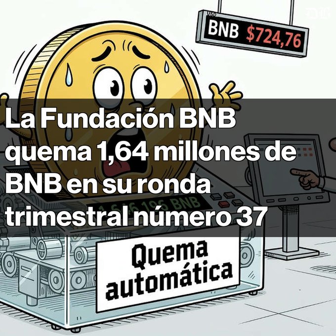 A cartoon illustration of a sweating gold BNB coin character at a 'Quema automática' (automatic burn) checkout counter, with a price tag reading 'BNB $724,76' and Spanish text announcing 'La Fundación BNB quema 1,64 millones de BNB en su ronda trimestral número 37' (The BNB Foundation burns 1.64 million BNB in its 37th quarterly round).