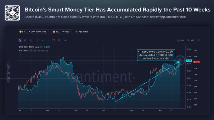 A chart titled 'Bitcoin's Smart Money Tier Has Accumulated Rapidly the Past 10 Weeks' from Santiment shows BTC price data and wallet accumulation, noting '+12,950 More Coins (+2.23%) Accumulated By 100-1k BTC Wallets Since July 15th.'