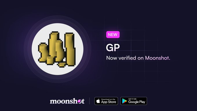 A promotional graphic for Moonshot displays a pixelated gold coin stack logo alongside the text "NEW GP Now verified on Moonshot," confirming the RuneScape Gold ($GP) token's verification status. The bottom of the image features the Moonshot logo and download links for the App Store and Google Play.