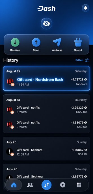 A screenshot of the Dash mobile wallet app displays a transaction history with purchases including Nordstrom Rack gift cards ($200.71), Netflix gift cards ($122.09 and $40.69), and Sephora gift cards ($51.10), illustrating the cryptocurrency's real-world spending utility highlighted in the accompanying post.