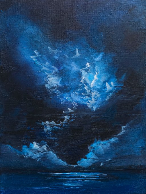 An abstract painting dominated by deep blue tones, featuring a luminous, swirling cloud-like formation that resembles a celestial vortex or storm above a horizontal water line.
