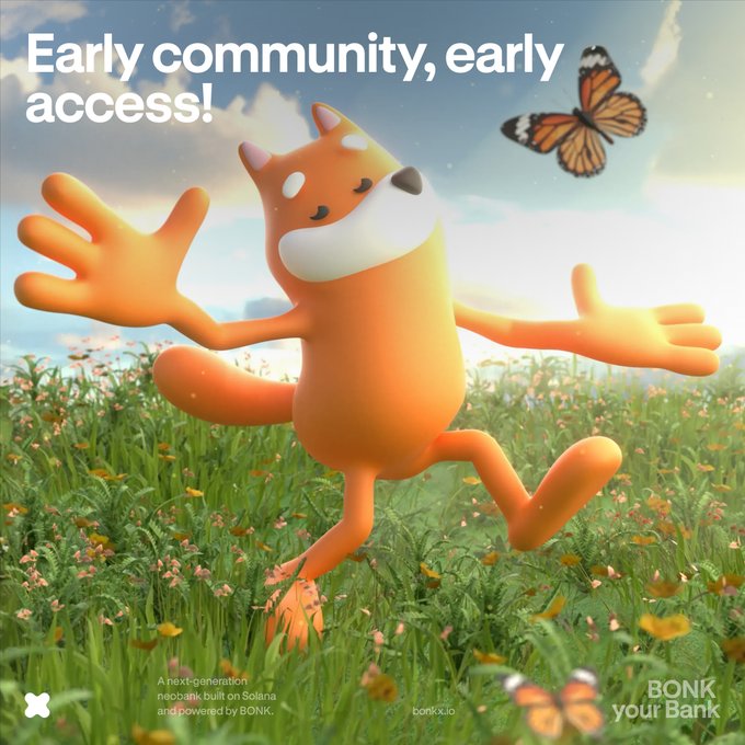 urnad character, a cartoon dog with orange fur and white paws, stands on its hind legs in a field of yellow flowers, accompanied by a butterfly.