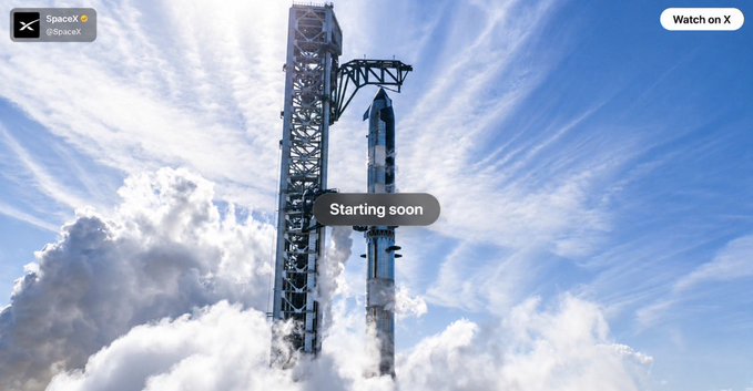 A SpaceX rocket on a launch pad with steam billowing around it, featuring the SpaceX logo, '@SpaceX' handle, and a 'Starting soon' notification overlay.