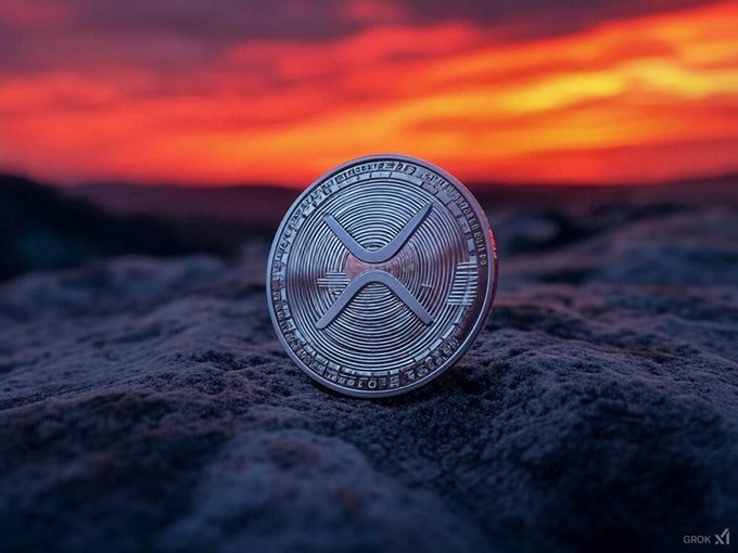 A silver XRP cryptocurrency token standing upright on rocky ground against a vibrant red and orange sunset sky, with a 'Grok x1' watermark in the corner.