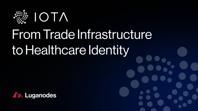 Dark promotional slide with the IOTA logo reading 'From Trade Infrastructure to Healthcare Identity,' featuring a dotted sphere graphic and the Luganodes logo in the corner.