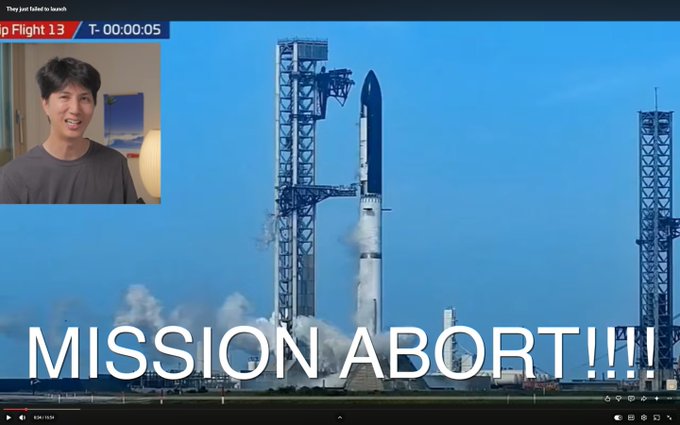 A YouTube screenshot showing a rocket on a launch pad with bold "MISSION ABORT!!!!" text overlay, featuring a small inset video of an Asian male host, labeled "Ship Flight 13 T- 00:00:05".