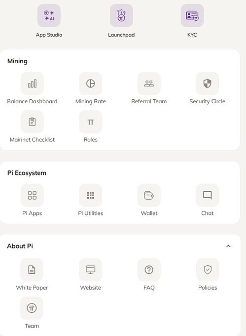 The image displays the Pi Network app's home screen, featuring a new "Policies" tab added to the "About Pi" section alongside White Paper, Website, FAQ, and Team options. Other visible sections include App Studio, Launchpad, KYC, Mining (with Balance Dashboard, Mining Rate, Referral Team, Security Circle, Mainnet Checklist, Roles), and Pi Ecosystem (Pi Apps, Pi Utilities, Wallet, Chat). This supports the post's claim about the notable interface addition to the Pi Network app.