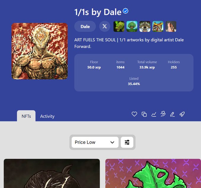 An XRP NFT marketplace page for the collection '1/1s by Dale', showing a floor price of 50.0 XRP, 1044 items, 33.9k XRP total volume, and 255 holders, with a 35.44% listed rate.