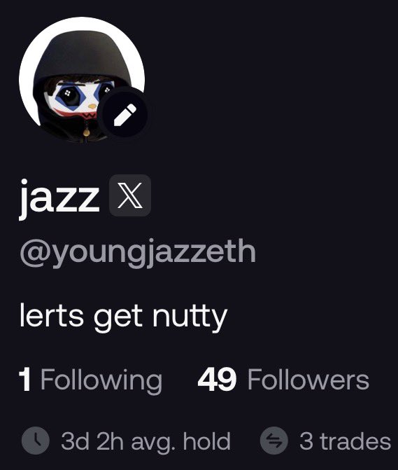 The image shows a profile card for X user "jazz" (@youngjazzeth) with a cartoon avatar wearing a black hood, 1 Following, 49 Followers, 3 trades, and a 3d 2h average hold time. The bio reads "lerts get nutty," aligning with the post's excitement about FOMO coin, "bag work szn," and the plan to airdrop followers.