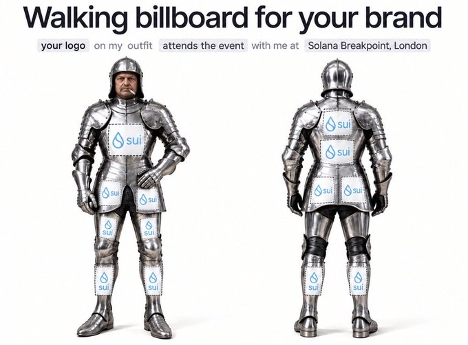 A promotional graphic for Solana Breakpoint London advertises a 'Walking billboard for your brand,' showing a knight in armor covered in Sui logos.