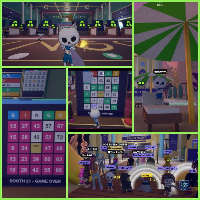 A collage of screenshots from a virtual bingo game called 'BINGO NIGHT' showing various player avatars like 'meowy' and 'jtm0ney101', bingo cards, and scenes of gameplay including 'BOOTH 21 - GAME OVER'.