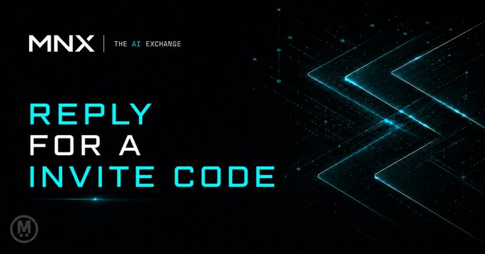 A dark promotional graphic with the text "MNX | THE AI EXCHANGE" and "REPLY FOR A INVITE CODE" in glowing teal lettering, accompanied by futuristic chevron graphics. The image serves as a call-to-action visual encouraging users to reply with their preferred trading market to receive one of the 10 mainnet beta invite codes offered by MNX.