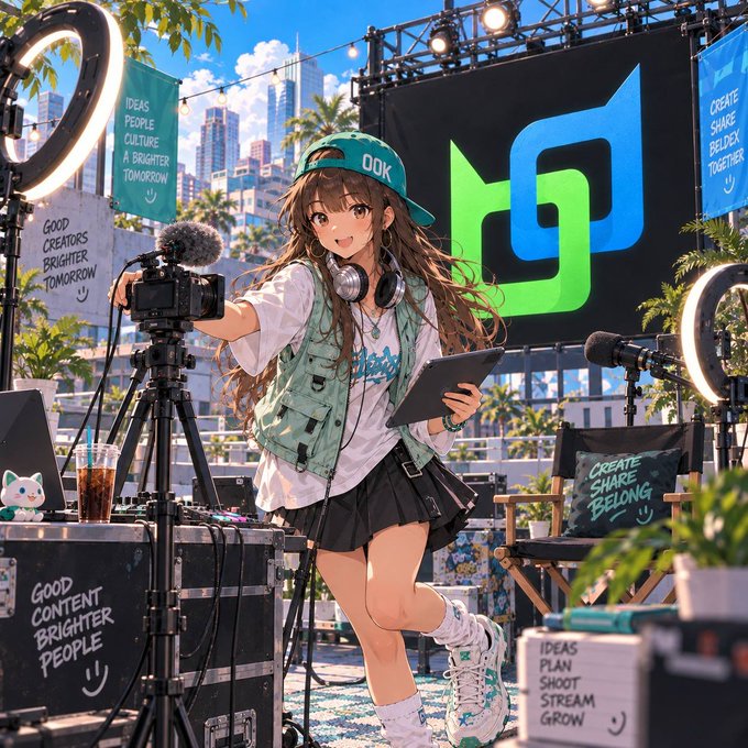 An anime-style illustration of a young woman with long brown hair wearing a backwards 'OOK' cap, headphones around her neck, and a green vest, holding a tablet and standing near filming equipment. Signage reads 'IDEAS PEOPLE CULTURE A BRIGHTER TOMORROW' and 'CREATE SHARE BELONG TOGETHER' next to a large green and blue 'H' logo.