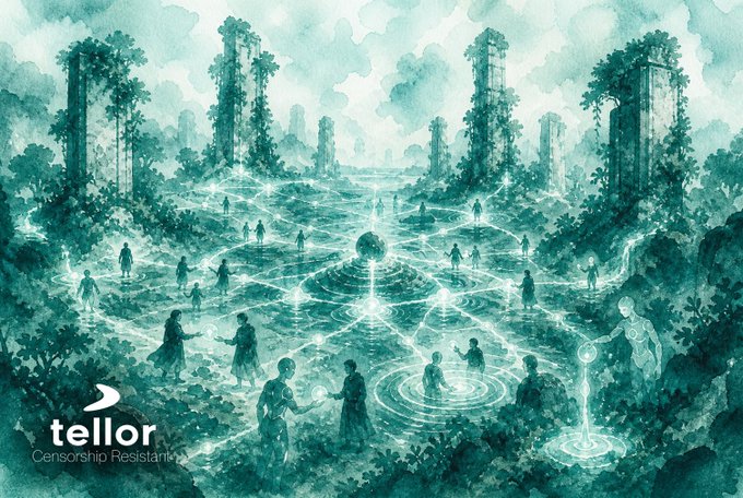A watercolor-style illustration in teal tones depicting figures connected by glowing energy lines across a watery landscape with overgrown ruins, branded with the "tellor Censorship Resistance" logo.
