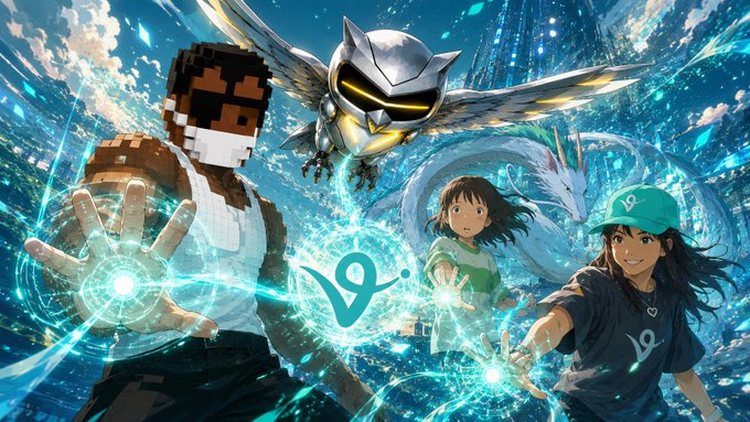 The image features an anime character with a mask and wings, surrounded by other characters who are also wearing masks and holding weapons. The scene takes place against a blue background with white clouds, giving it a futuristic appearance. The text in the image reads "I'm bullish on $NOX / @nox_virtuals because it feels like more than just another AI token." This suggests that the anime character is not only an interesting visual element but also has some sort of significance or connection to the post about verifying humans, agents, and robotics.