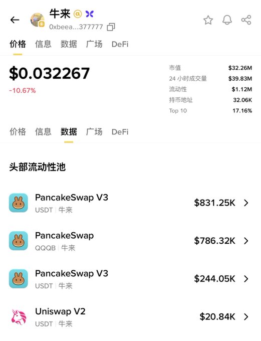 A screenshot of a crypto tracking app showing $NIU (牛来) priced at $0.032267 with a 10.67% drop, a $32.26M market cap, $39.83M in 24-hour trading volume, and only $1.12M in liquidity spread across small PancakeSwap and Uniswap pools. The image visually reinforces the post's warning about how a $32M market cap backed by just $1M in liquidity makes the token highly vulnerable to crash upon selling.