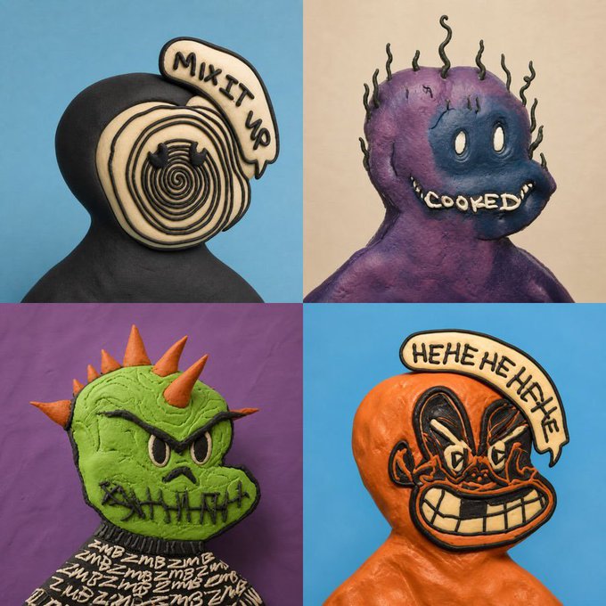 A four-panel image showing creative clay sculptures of bizarre characters, including one saying "MIX IT UP," a purple creature saying "COOKED," a green spiky monster with "ZMB" text, and an orange laughing figure saying "HEHE HE HEHE."