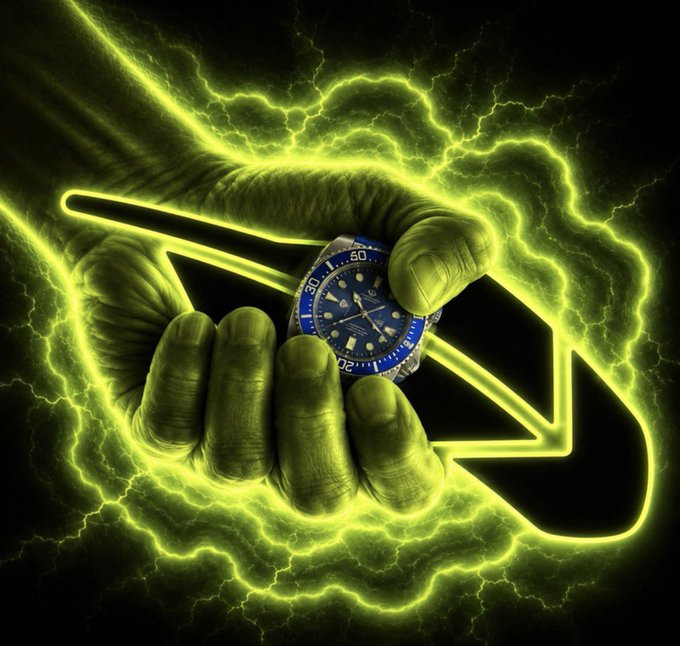 A green Hulk-like fist clutches a Rolex Submariner dive watch against a backdrop of yellow lightning, with a downward-pointing arrow surrounding the watch. The image humorously comments on Robinhood Crypto, suggesting their performance is as disastrous as the Hulk smashing a luxury watch with a downward trend arrow—implying the platform is destroying investors' value or time.