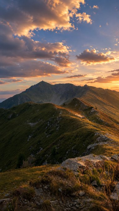 A scenic landscape photograph of mountain ridges at sunset with dramatic clouds and golden light illuminating the peaks.