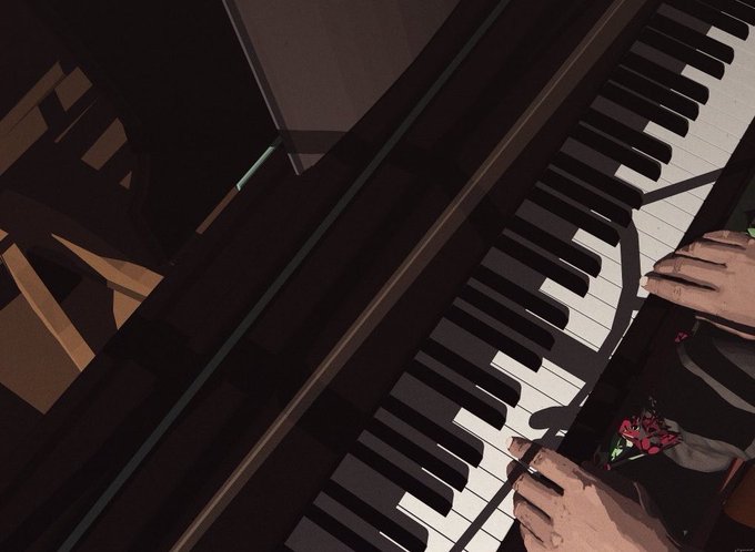 An overhead view of hands playing a grand piano, showing the black and white keys along with a reflection of the player.