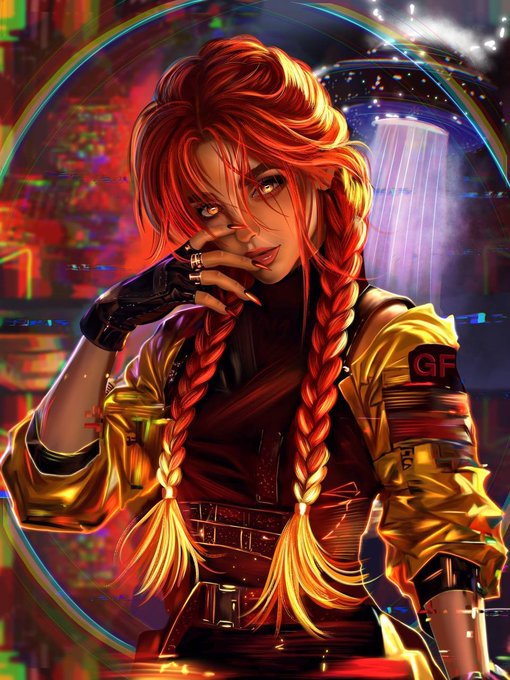 A vibrant digital art portrait of a woman with long red braids wearing a yellow jacket with "GF" on the sleeve, set against a neon cyberpunk background.
