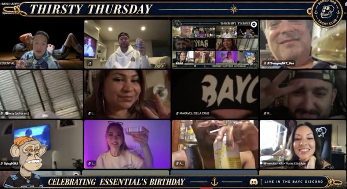A Bored Ape Yacht Club 'Thirsty Thursday' Zoom call screenshot titled 'Celebrating Essential's Birthday' with multiple participants visible in a grid.