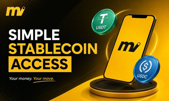 A yellow and black advertisement with the "mv" logo promoting "SIMPLE STABLECOIN ACCESS" featuring USDT and USDC cryptocurrency tokens alongside a smartphone.