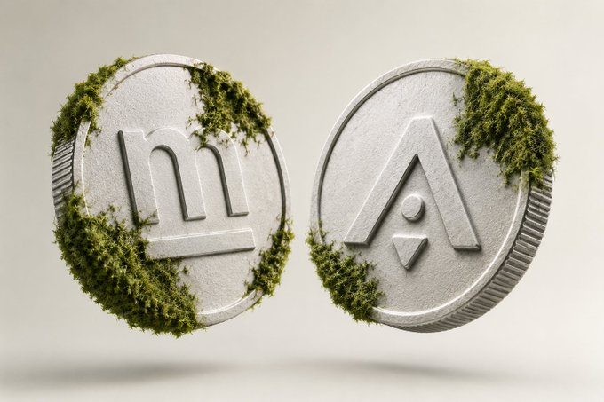Two silver coins with the "m" and "A" symbols of mStable and Apollo Crypto are partially covered in green moss, visually representing the integration of mStable's Stacked Yield vault with Apollo Crypto's market-neutral stablecoin strategies as a second yield source.
