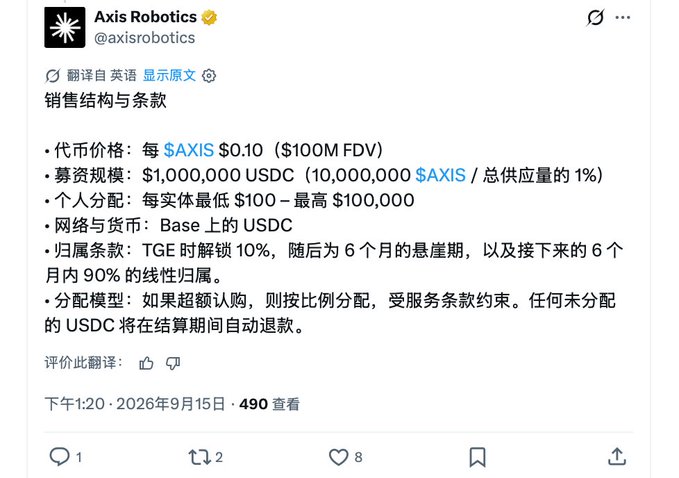Twitter/X post from @axisrobotics (Axis Robotics) detailing token sale terms in Chinese: $AXIS price $0.10 ($100M FDV), $1,000,000 USDC raise, posted September 15, 2026.