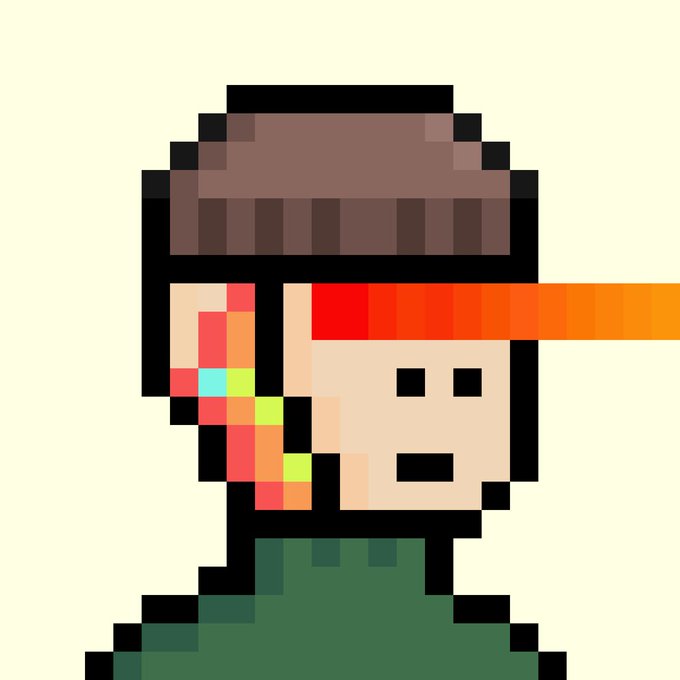 A pixel art portrait of a character with a brown knit hat, green shirt, and a face rendered in colorful rainbow pixels, with an orange stripe extending across the image against a cream background.