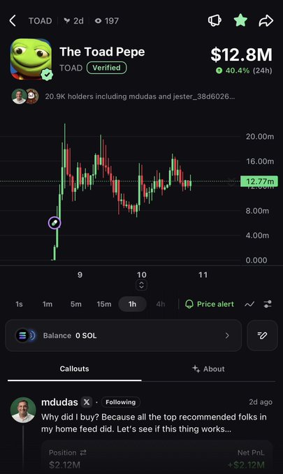 A screenshot of a cryptocurrency chart for the token "The Toad Pepe" (TOAD) showing a market cap of $12.8M with a 40.4% 24-hour gain, posted by user "mdudas" referencing his bullish position on $TOAD. The image supports the post's inquiry about $TOAD bulls, displaying mdudas' callout "Why did I buy? Because I follow all the top recommended folks in my home feed did" alongside his $2.12M position showing a +$2.12M profit.