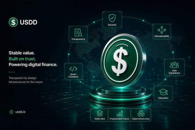 A USDD cryptocurrency promotional graphic displaying 'Stable value. Built on trust. Powering digital finance.' around a central 3D dollar coin, with surrounding icons for Security, Transparency, Interoperability, Smart Contracts, User Experience, and Education, plus the usdd.io website.