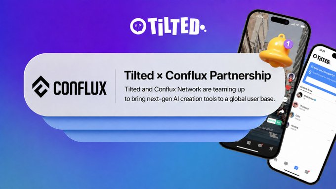 Promotional graphic announcing a 'Tilted x Conflux Partnership' to bring next-gen AI creation tools to a global user base, featuring phone mockups.