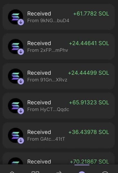 A mobile wallet screen showing multiple incoming Solana (SOL) transactions, including +61.7782 SOL, +24.44641 SOL, and +65.91323 SOL from various truncated wallet addresses.