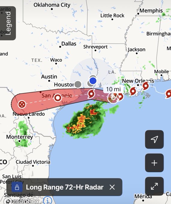 A weather radar map of the Gulf Coast region shows a tropical system tracking along the Texas and Louisiana coastline, with a "Long Range 72-Hr Radar" label and a 10-mile scale indicator visible, consistent with the post identifying the storm as only a tropical storm rather than a stronger hurricane.