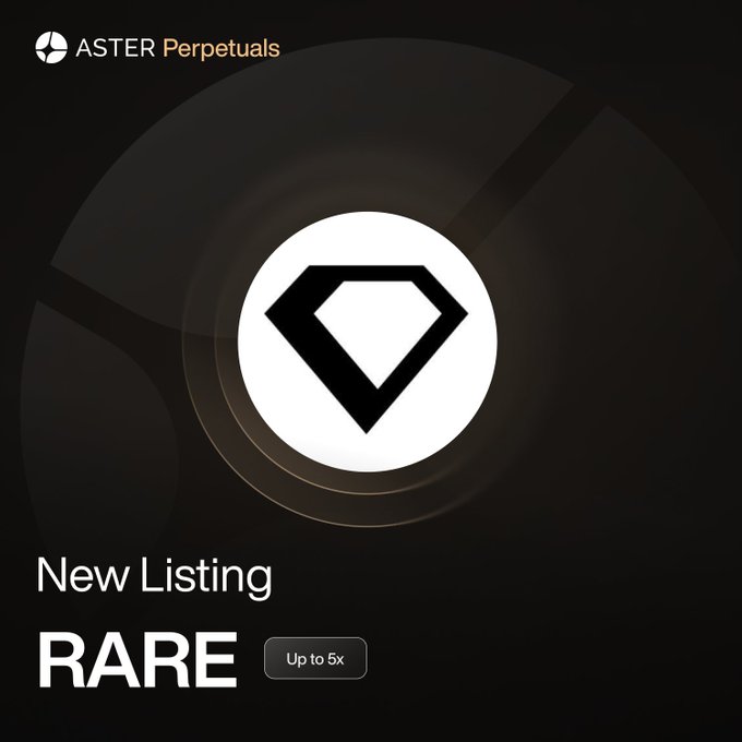 A sleek black promotional graphic from ASTER Perpetuals announcing a new listing of the RARE token (SuperRare) with up to 5x leverage, featuring the platform's diamond logo prominently in the center. The image directly visualizes the post's announcement by combining the "New Listing" headline, ticker "RARE," and "Up to 5x" leverage badge.