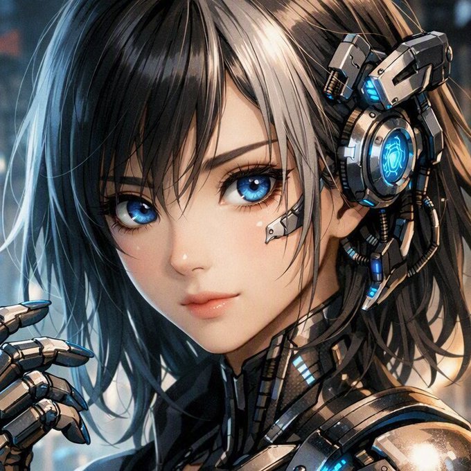 A digital anime-style illustration of a young woman with dark hair and striking blue eyes, featuring cybernetic enhancements including a glowing blue robotic device on her ear and metallic armor on her shoulder and hand.