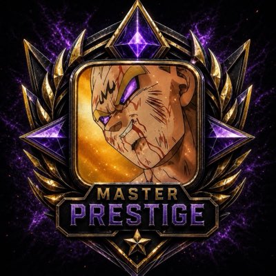 A 'Master Prestige' gaming badge featuring a battle-scarred anime character with purple eyes, set in an ornate gold and purple frame.
