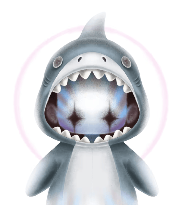 A cartoon-style shark plush toy is centered against a white background, framed by a soft pink halo-like glow. The shark has gray-blue fur, small dark eyes, and an exaggerated open mouth revealing rows of sharp white teeth and a glossy, iridescent blue-purple interior. Below the shark is the accompanying post: "4444 cute pyosome This one is mine ," with the image serving as a cute, fan-made illustration representing someone's beloved shark plushie.