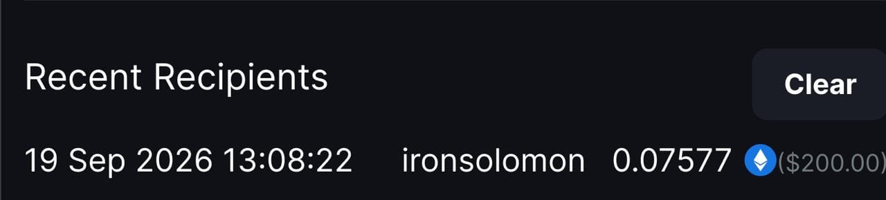 A "Recent Recipients" log entry dated 19 Sep 2026 13:08:22 shows a payout of 0.07577 ETH ($200.00) sent to user "ironsolomon," corresponding to the post announcing a $200 win for a community member.