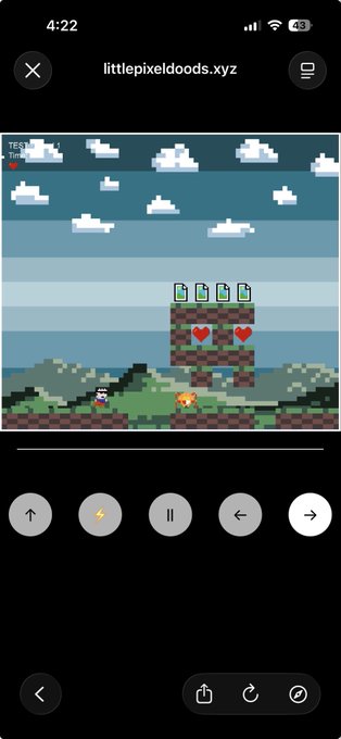 A screenshot of a mobile web browser at littlepixeldoods.xyz displaying a pixel art animation of a game scene with a heart-displaying block, hearts, and a small character in a landscape setting.