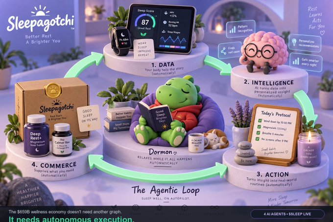 An infographic for 'Sleepagotchi' wellness products illustrating 'The Agentic Loop' with stages: Data, Intelligence, Action, and Commerce, featuring a cartoon brain and frog character named Dormon.