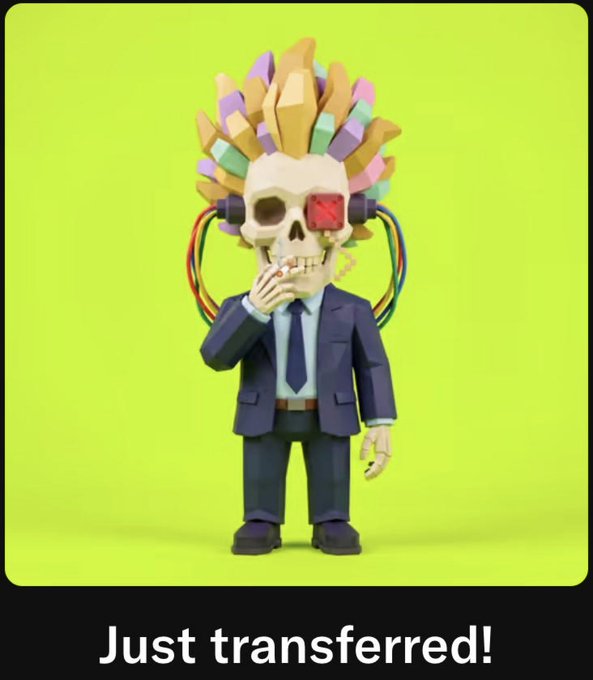 A 3D character of a skull-headed figure in a business suit with colorful crystal hair and a red glowing eye, with the caption 'Just transferred!'