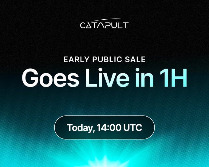 A promotional graphic from Catapult announcing their Early Public Sale going live in 1 hour at 14:00 UTC today, featuring the Catapult logo at the top and a glowing teal light effect at the bottom, aligning with the announcement of the $PULT token public sale opening on July 6th.