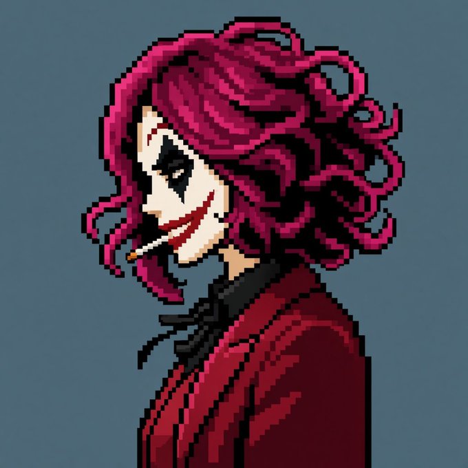 Pixel art portrait of a pale figure with wild magenta hair, dark makeup around one eye, red smile, a cigarette in mouth, wearing a dark red top.